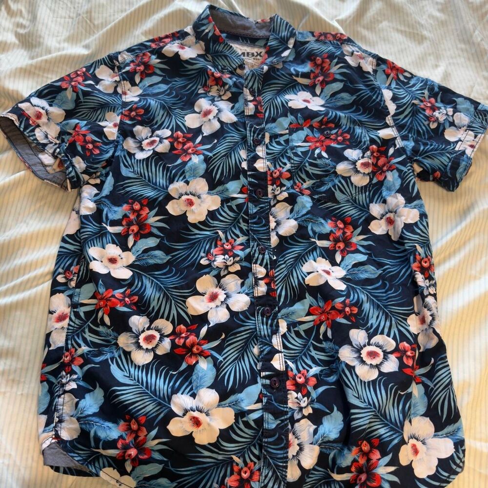 MBX Denim Wear Men's Short Sleeve Floral Tropical Print Button-Up Shirt Size M